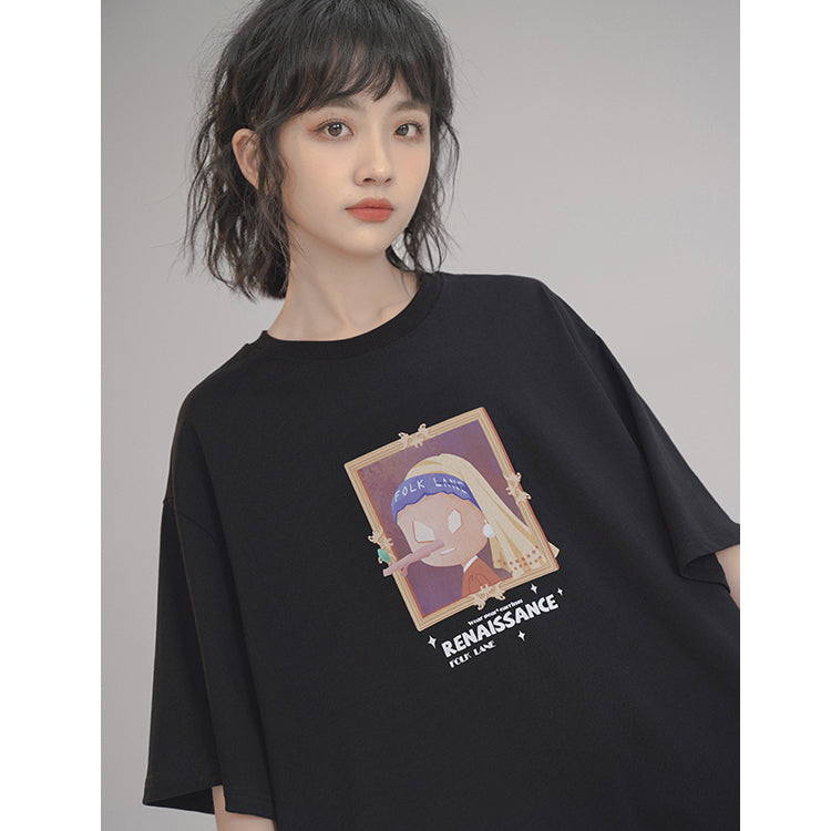 Oil Painting Letter Printed Loose Short Sleeve Summer T-shirt