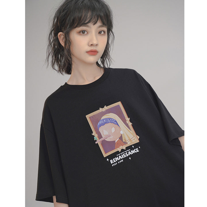 Oil Painting Letter Printed Loose Short Sleeve Summer T-shirt