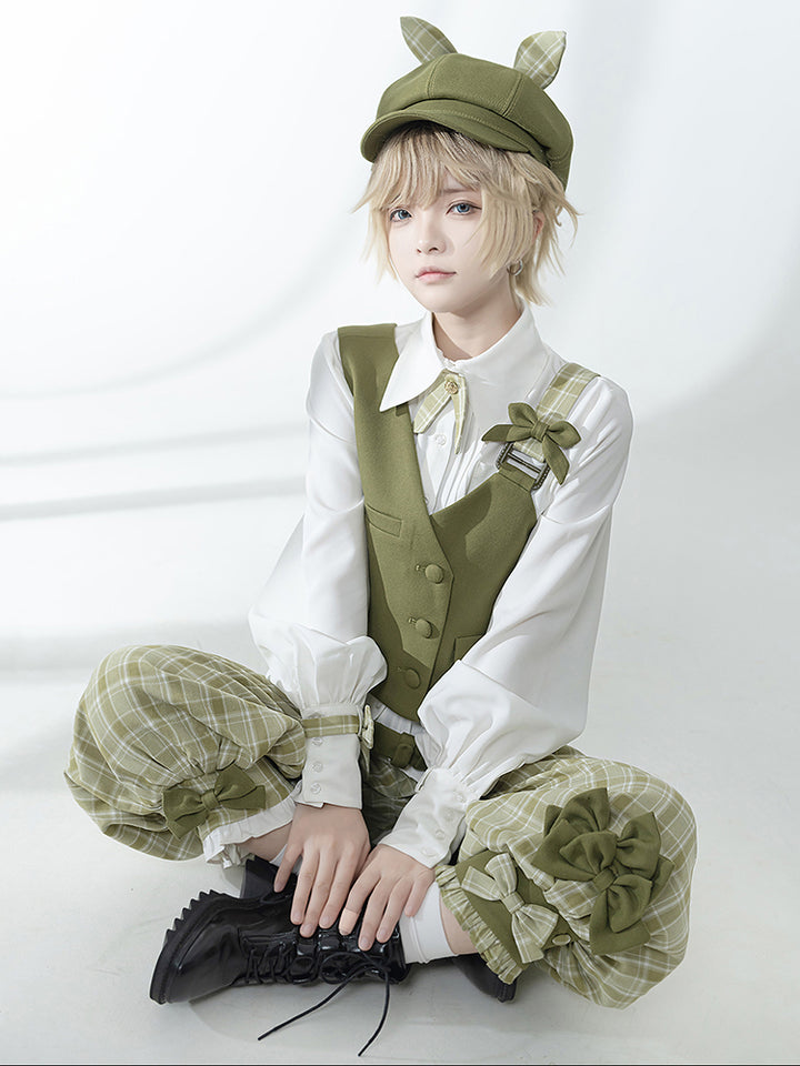 Matcha Green Retro Vest/Shirt/Capri Pants for Spring and Autumn