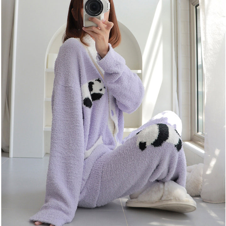 Panda Pattern Pocket Button-up Lapel Winter Pajama Set