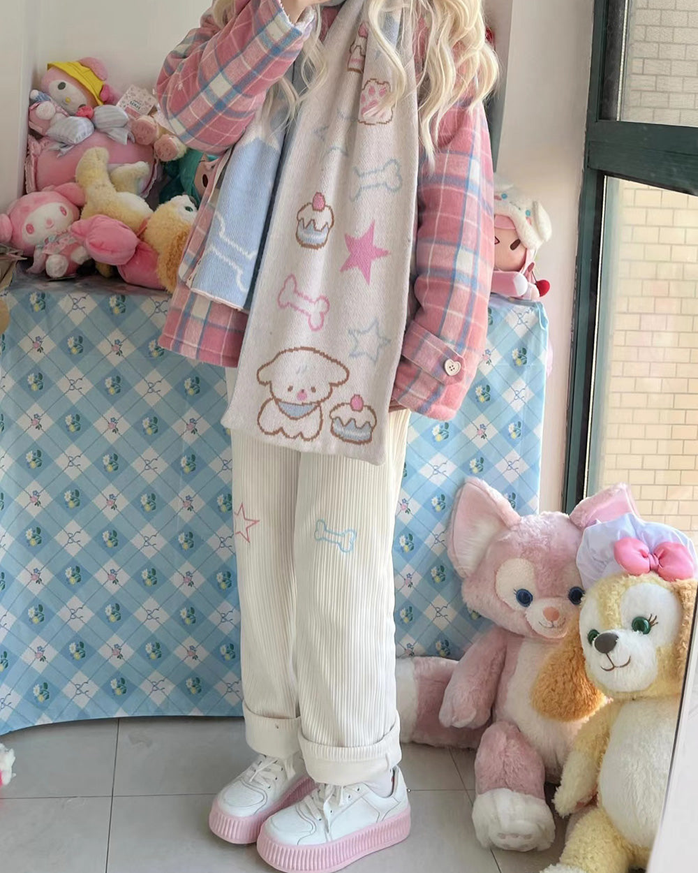 Star Bone Embroidery Inner Fleece Corduroy Pants for Autumn and Winter