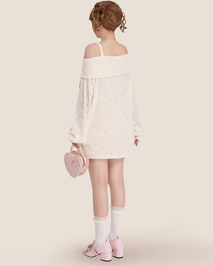 Bow One-shoulder Off-shoulder Hollow Knitted Loose Top