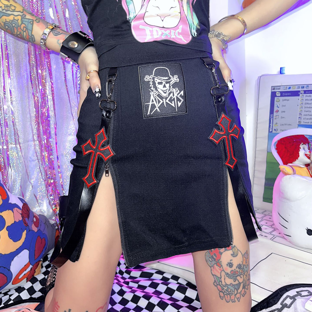 Punk cross-split black mini skirt