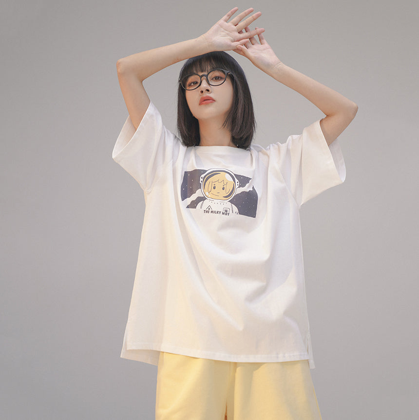Astronaut Print Summer Short Sleeve Round Neck T-shirt
