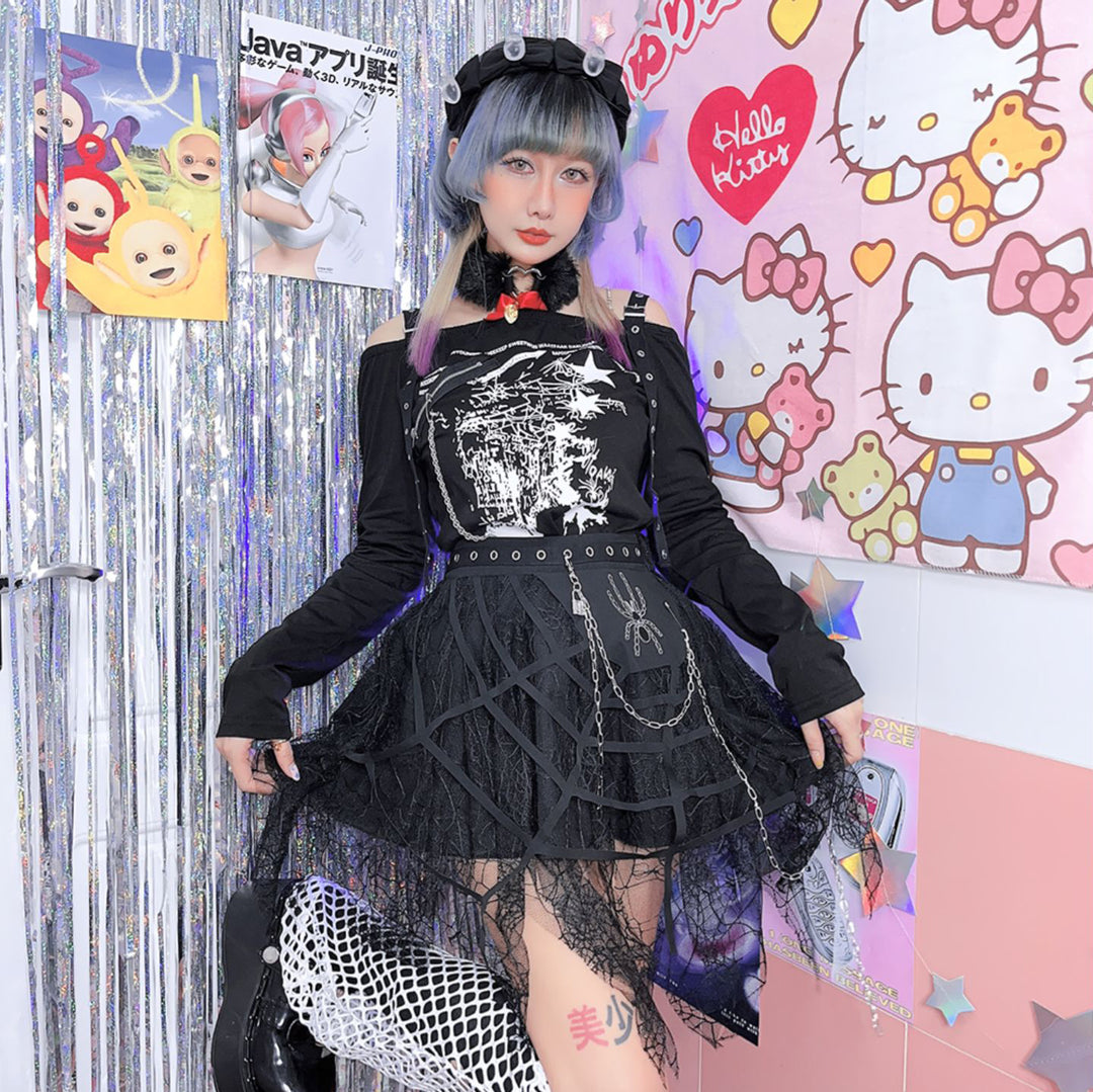 Punk spider chain irregular lace mini skirt