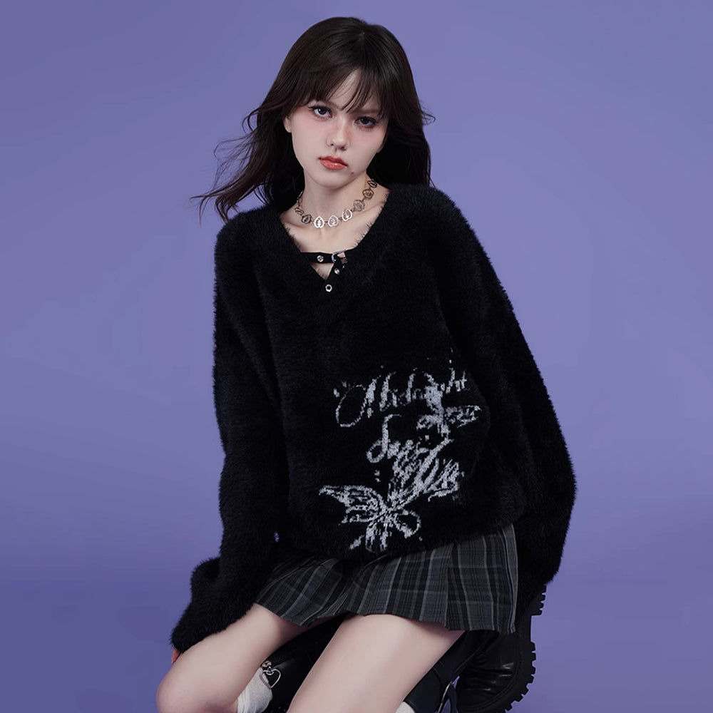 Street Style Black V-Neck Jacquard Loose Sweater