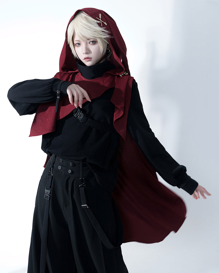 Stylish Burgundy Hooded Cape with Embellishments