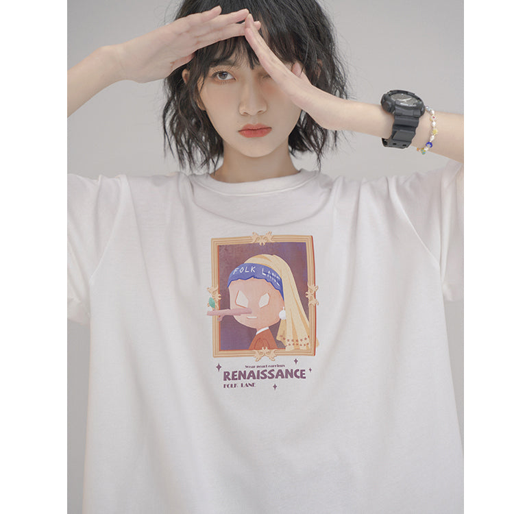 Oil Painting Letter Printed Loose Short Sleeve Summer T-shirt