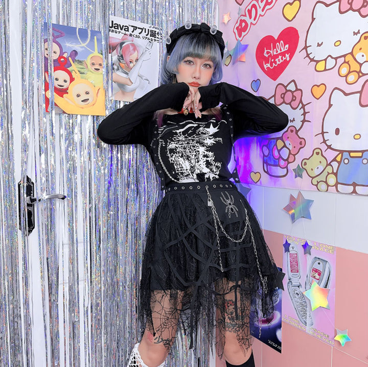 Punk spider chain irregular lace mini skirt