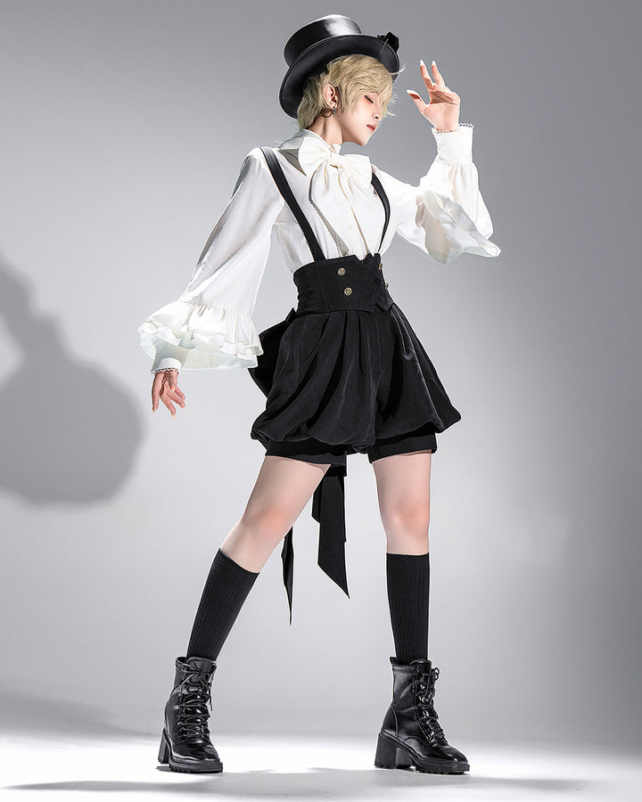 Stylish Black High-Waisted Suspender Shorts with Flared Skirt Overlay