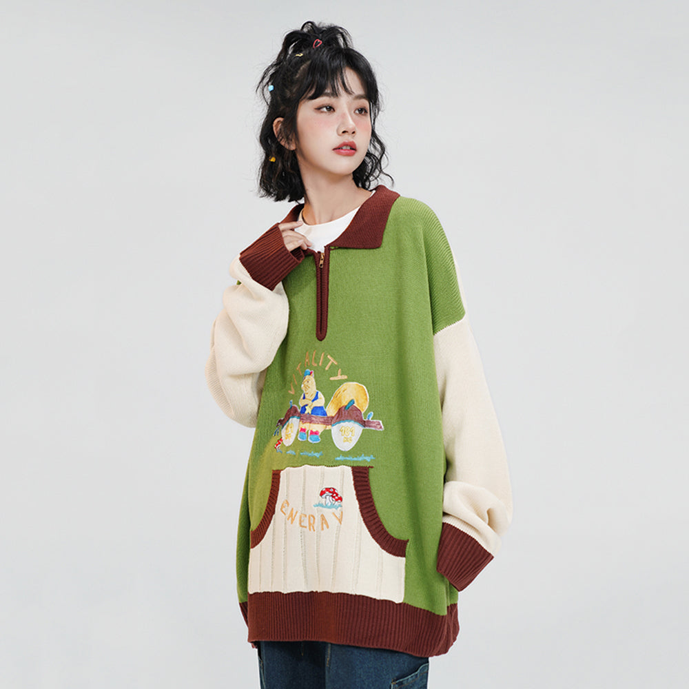 Cartoon Embroidered Pocket Polo-neck Sweater