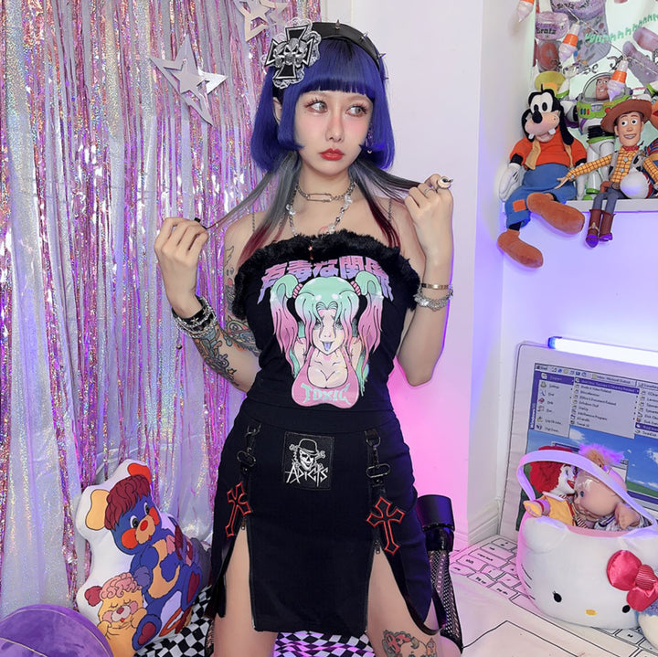 Punk cross-split black mini skirt