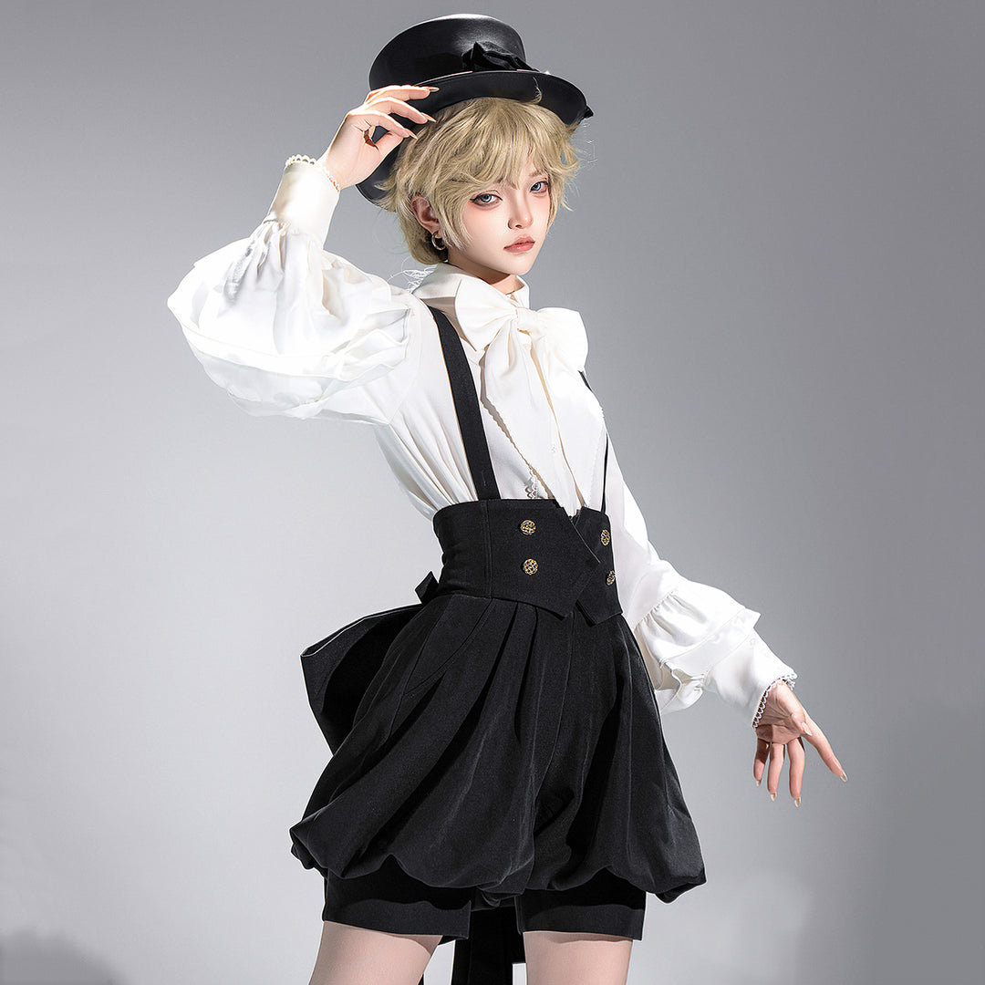 Stylish Black High-Waisted Suspender Shorts with Flared Skirt Overlay