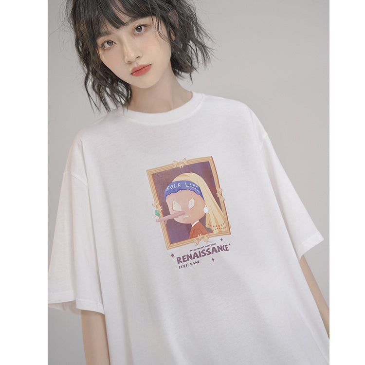 Oil Painting Letter Printed Loose Short Sleeve Summer T-shirt