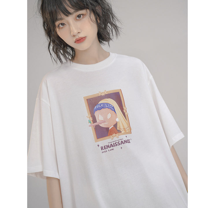 Oil Painting Letter Printed Loose Short Sleeve Summer T-shirt