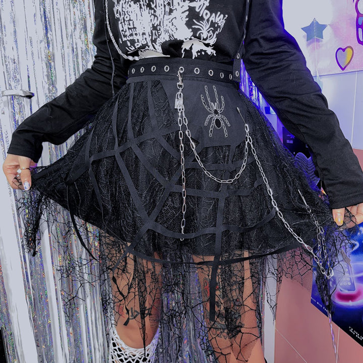 Punk spider chain irregular lace mini skirt