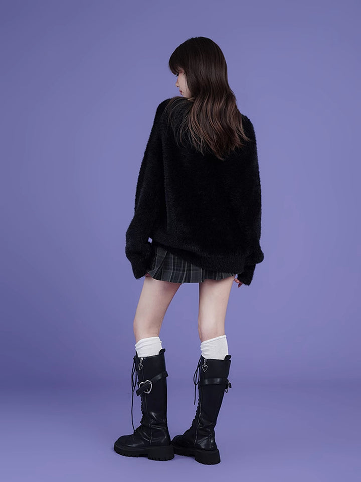 Street Style Black V-Neck Jacquard Loose Sweater