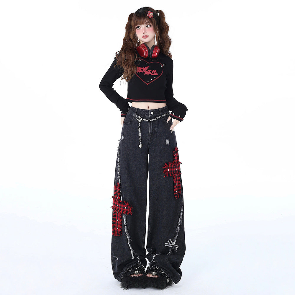 Punk Cross Embroidery Ripped Straight Wide-leg Jeans