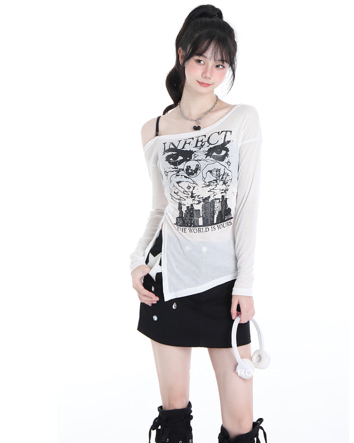 Korean Mesh Long-sleeved Thin Spring and Autumn Shoulder-baring Top