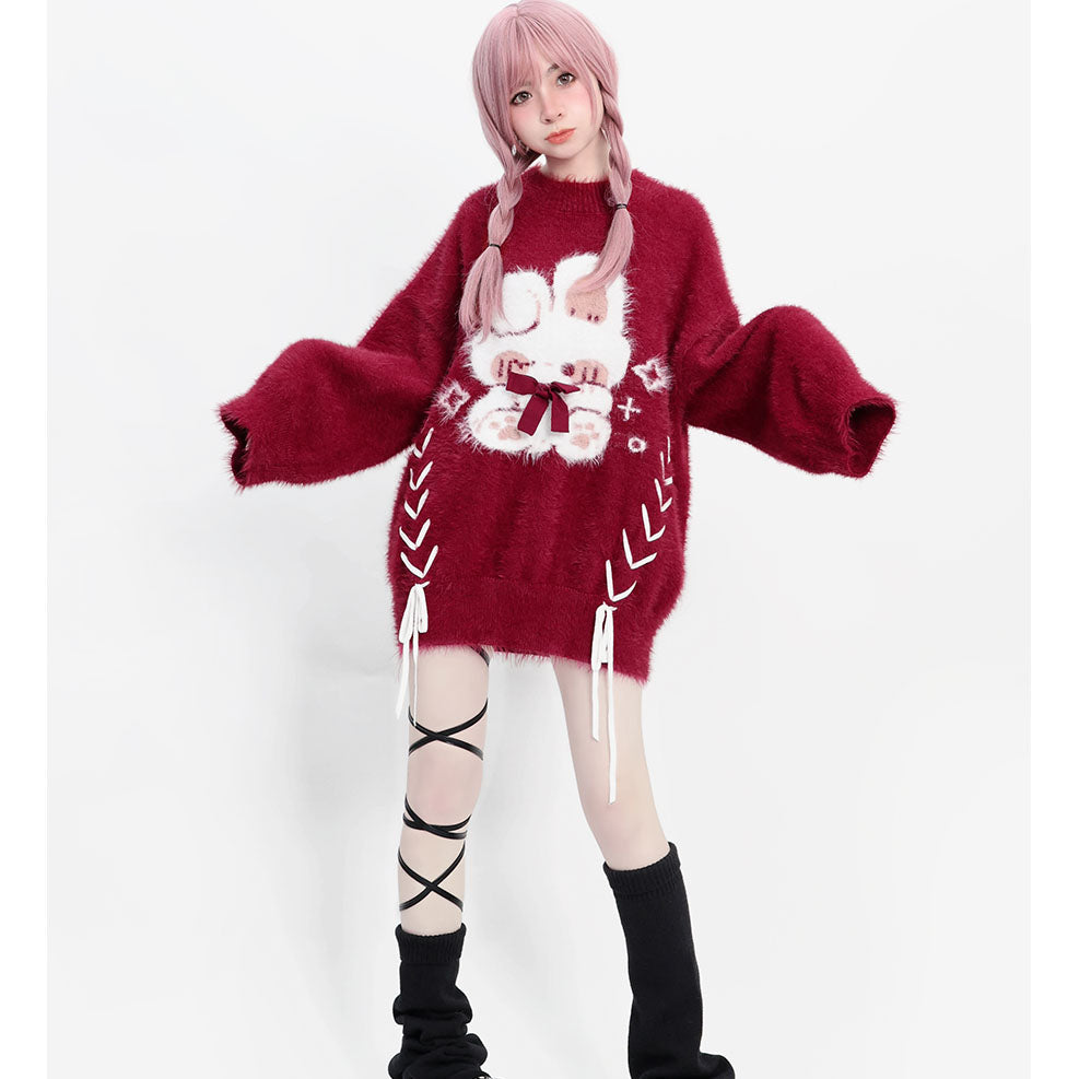 Lucky Rabbit Print Bell Sleeve Red Sweater