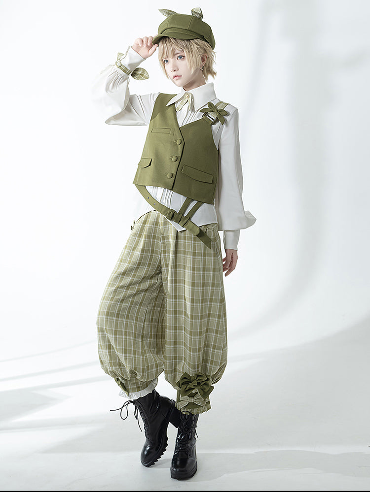 Matcha Green Retro Vest/Shirt/Capri Pants for Spring and Autumn