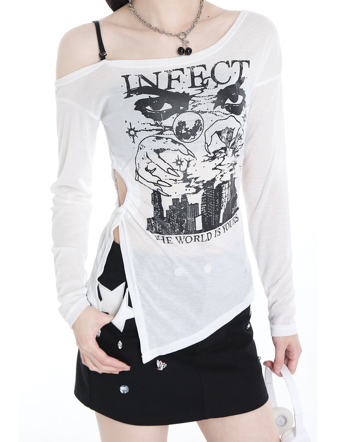 Korean Mesh Long-sleeved Thin Spring and Autumn Shoulder-baring Top