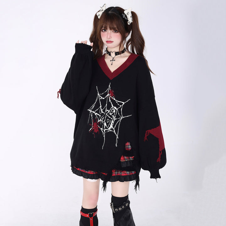 Spiderweb printed distressed V-neck sweater for autumn and winter