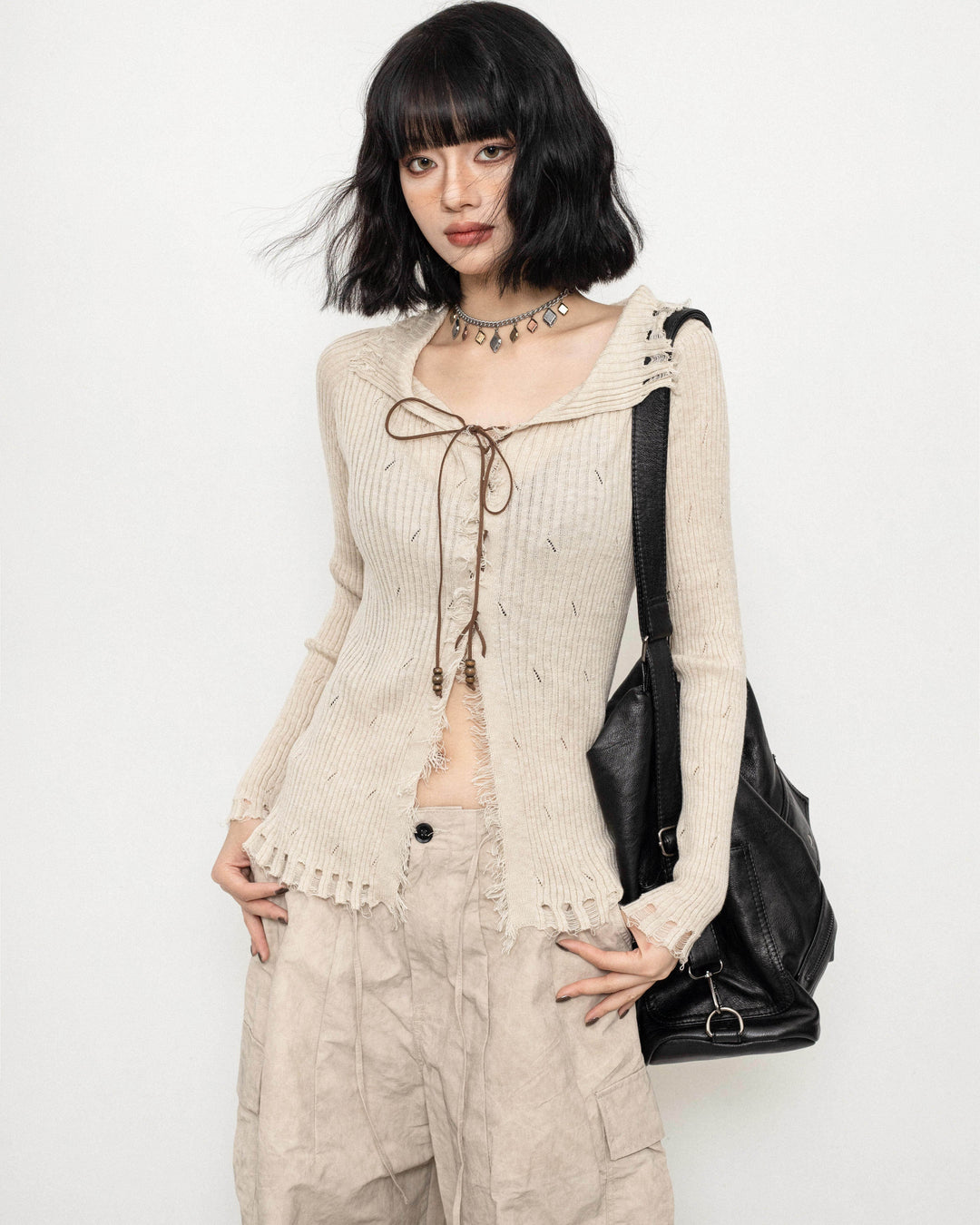 Italy Apricot long-sleeved short top spring and autumn knitwear