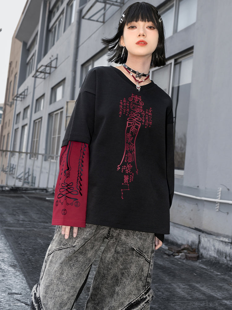 Han-style print Colorblock V-neck long-sleeve T-shirt