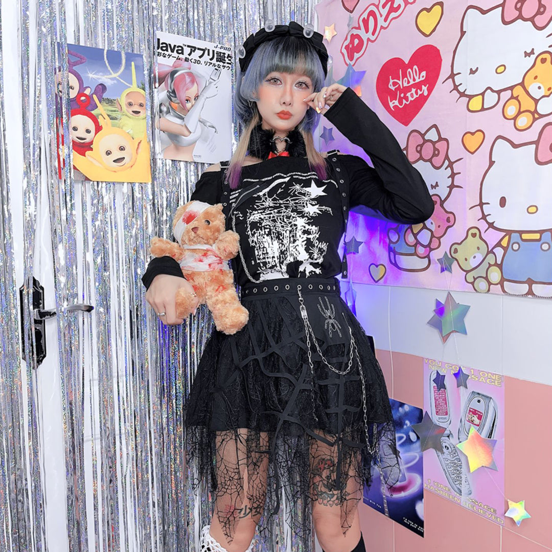 Punk spider chain irregular lace mini skirt