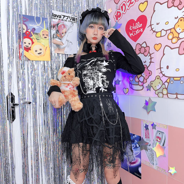 Punk spider chain irregular lace mini skirt