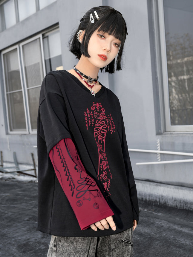 Han-style print Colorblock V-neck long-sleeve T-shirt