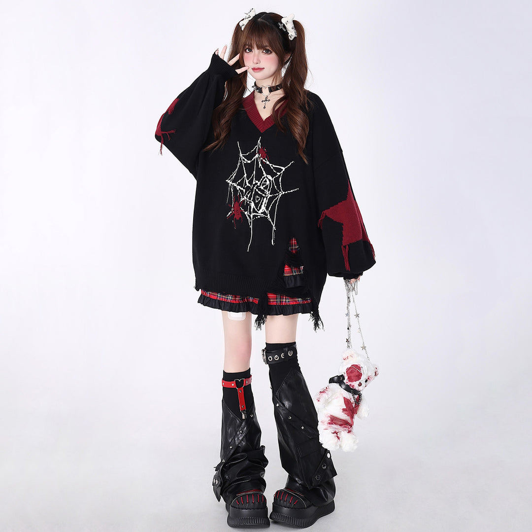 Spiderweb printed distressed V-neck sweater for autumn and winter