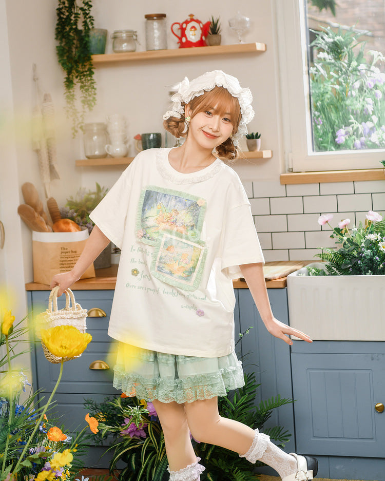 White/Green Spring/Summer Illustration Round Neck T-shirt