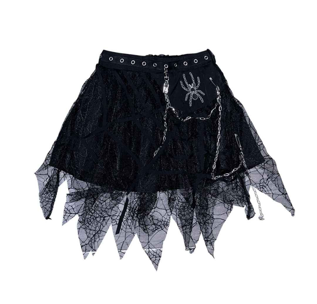 Punk spider chain irregular lace mini skirt