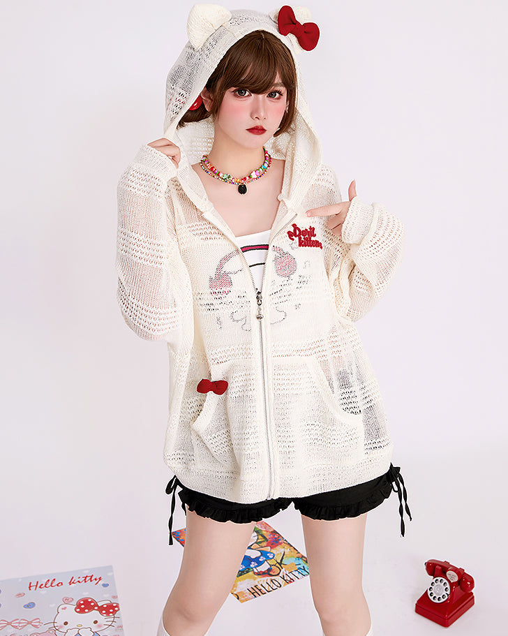 Cat Ear Bow Embroidered Hollow Knit Loose Cardigan