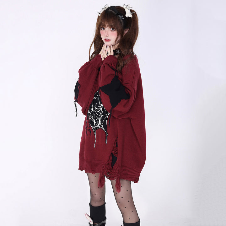 Spiderweb printed distressed V-neck sweater for autumn and winter