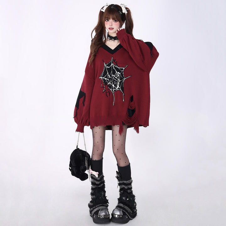 Spiderweb printed distressed V-neck sweater for autumn and winter