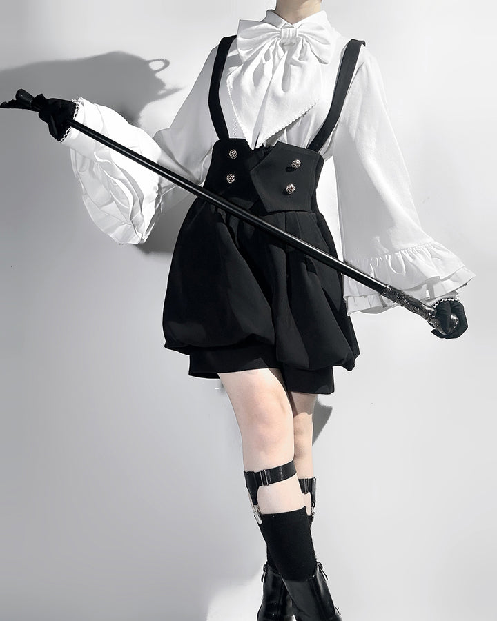 Stylish Black High-Waisted Suspender Shorts with Flared Skirt Overlay