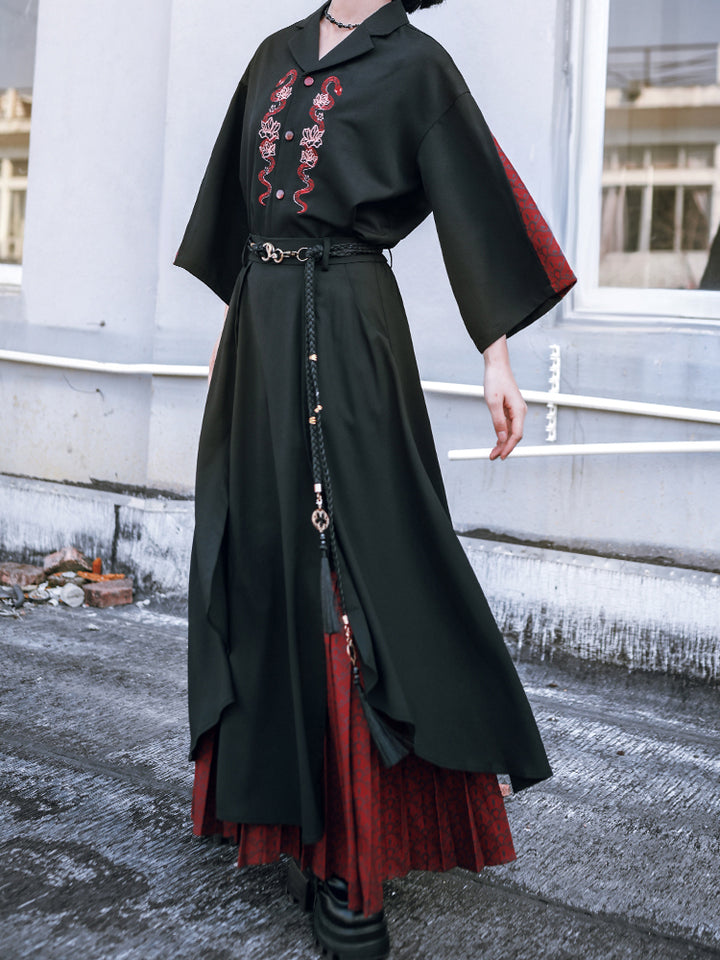 Loose-fit Chinese-style embroidered 3/4 sleeve shirt for summer