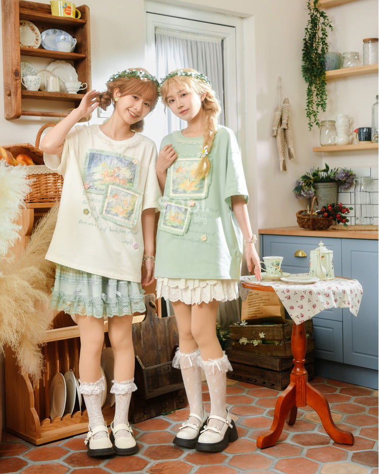 White/Green Spring/Summer Illustration Round Neck T-shirt