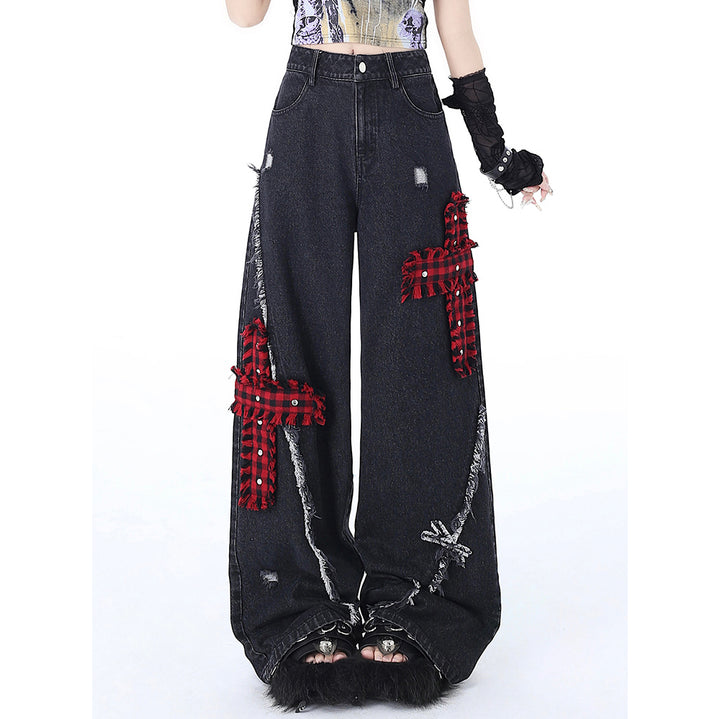 Punk Cross Embroidery Ripped Straight Wide-leg Jeans