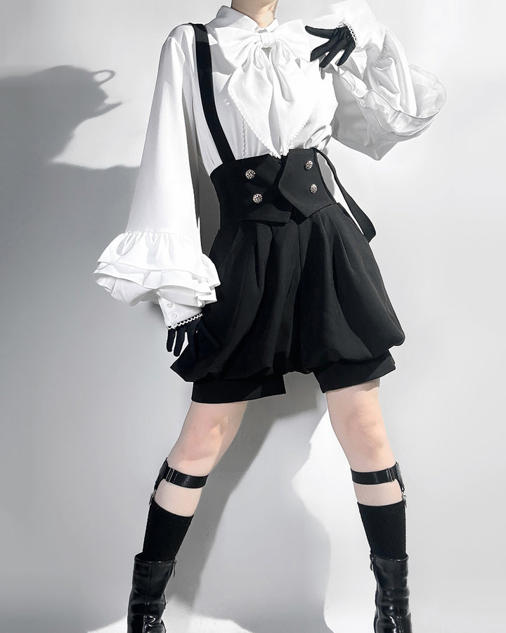 Stylish Black High-Waisted Suspender Shorts with Flared Skirt Overlay