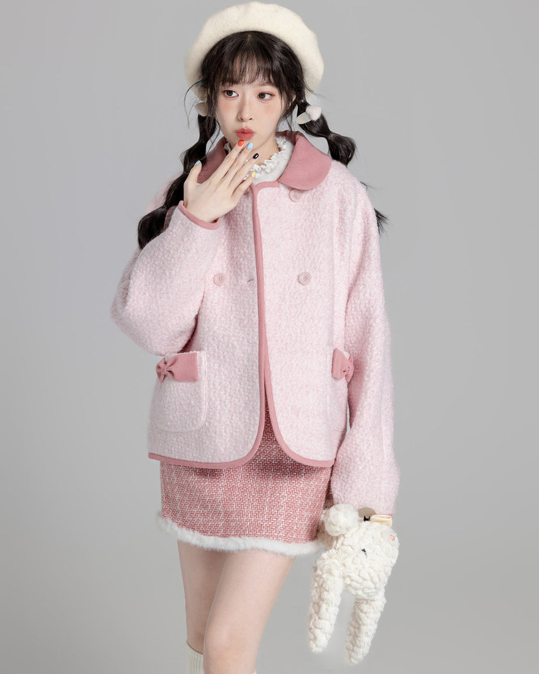 Pink Short Loose Wool Coat for Fall and Winter