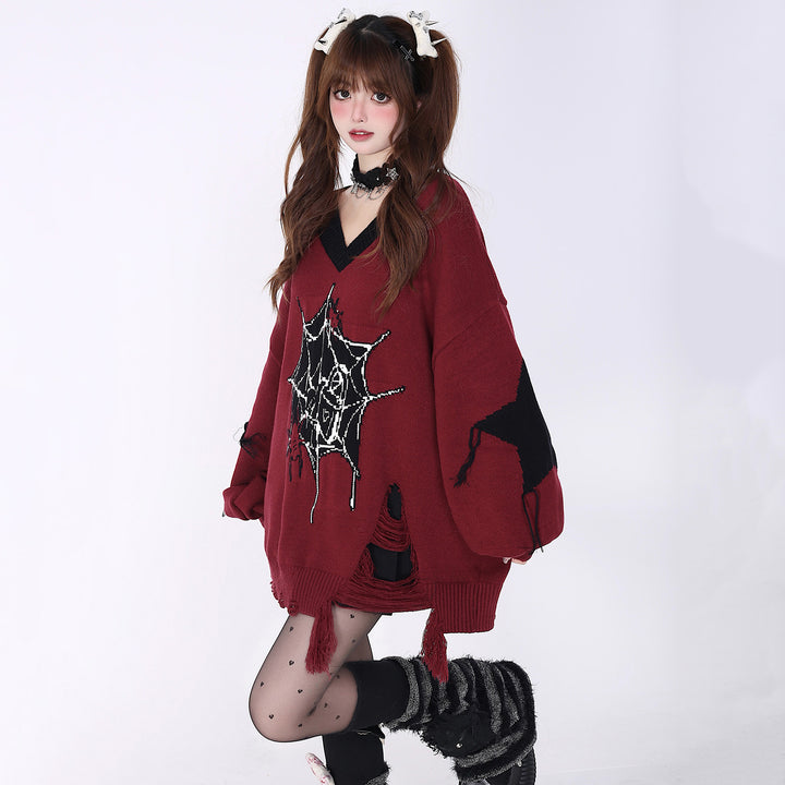 Spiderweb printed distressed V-neck sweater for autumn and winter
