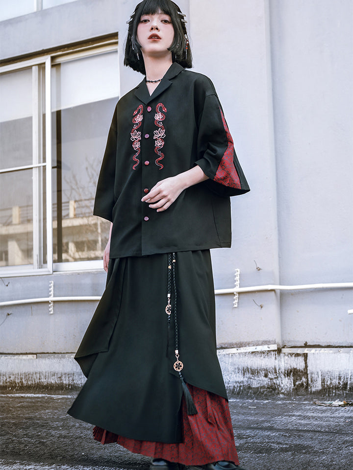 Loose-fit Chinese-style embroidered 3/4 sleeve shirt for summer