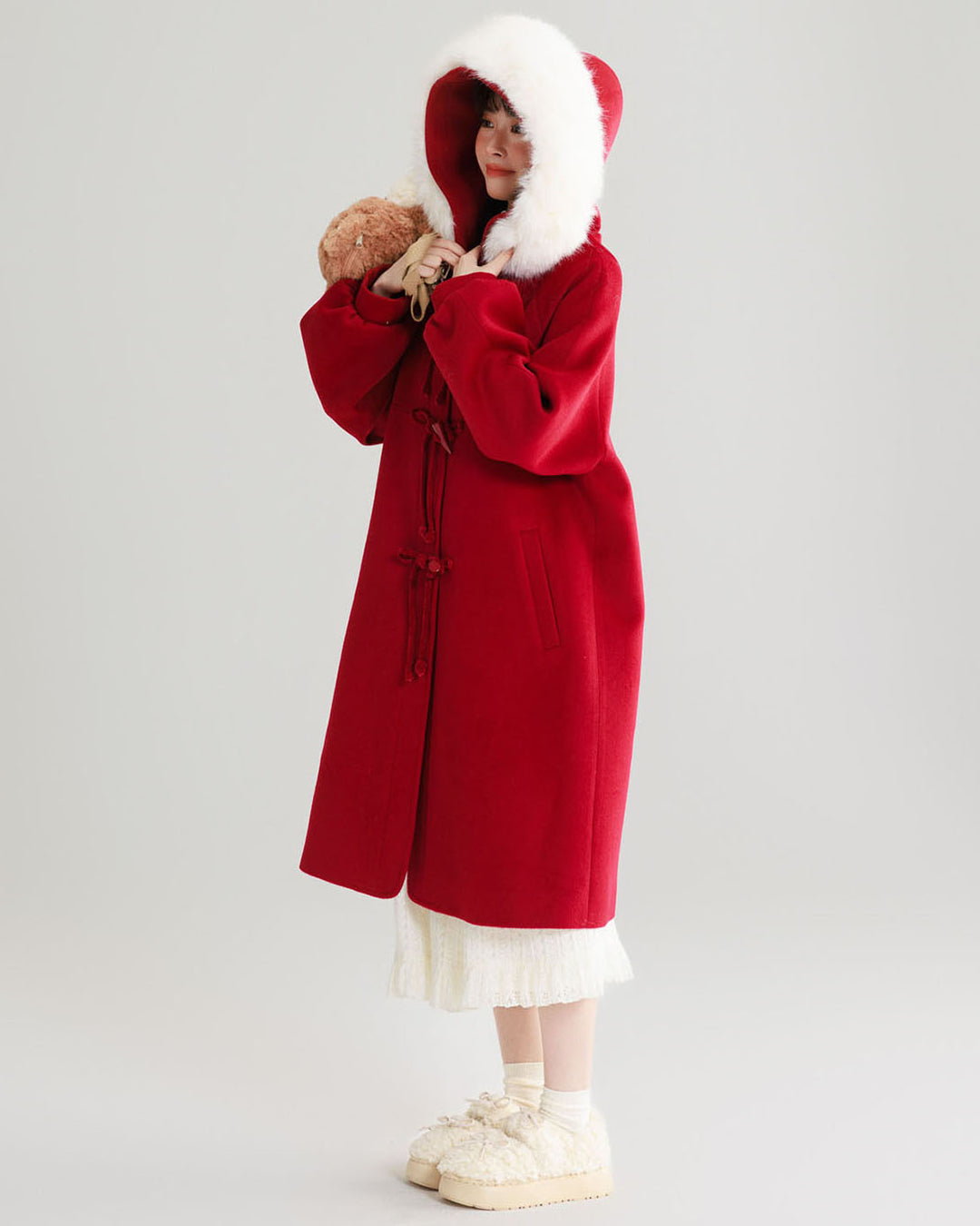 Red Wool Coat with Lantern Sleeves