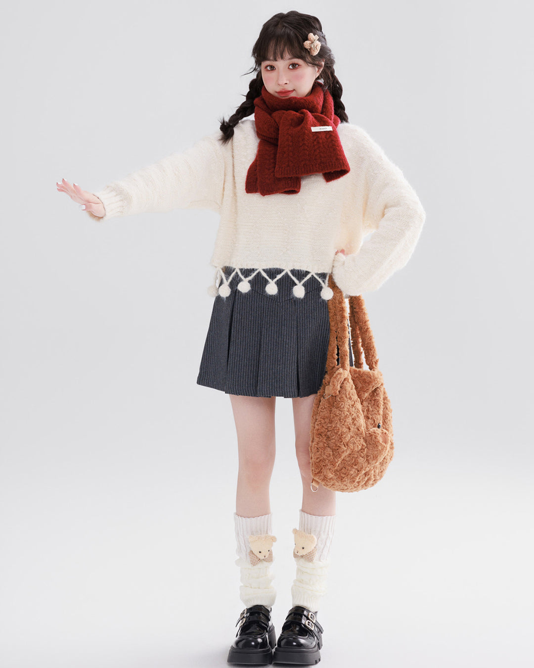 Off-White Round-Neck Sweater with Pom-Pom Details