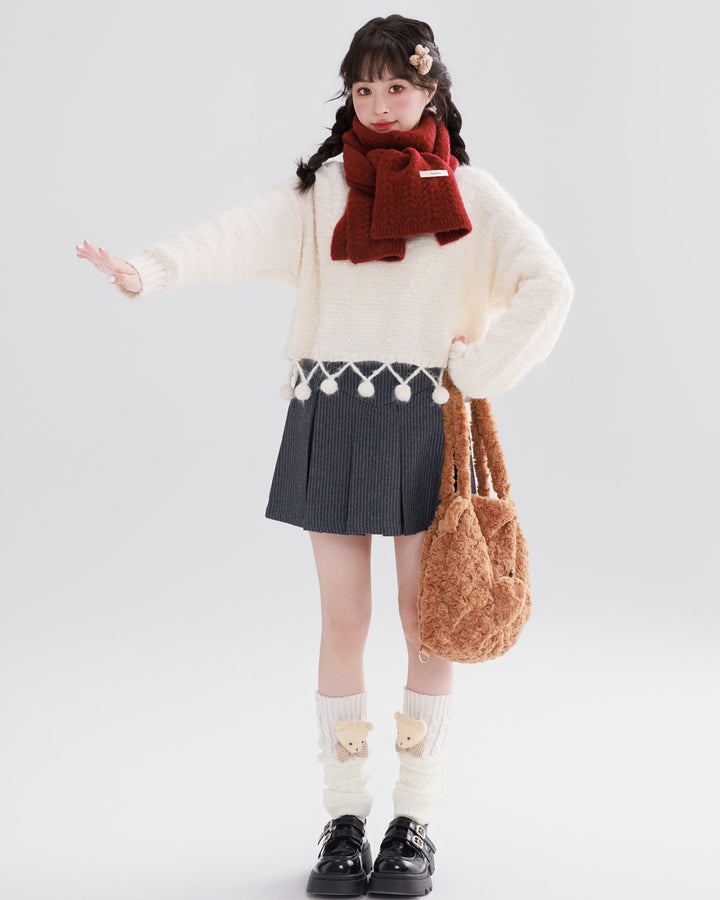 Off-White Round-Neck Sweater with Pom-Pom Details