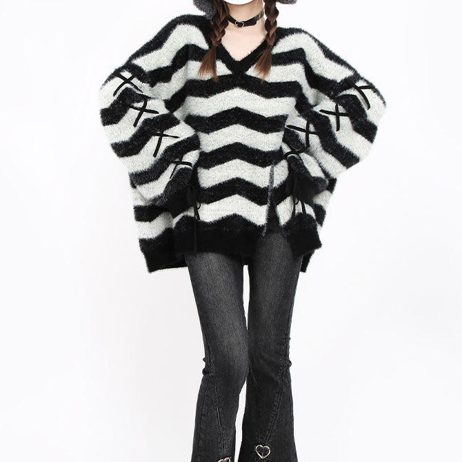 Black and Light Grey Striped V-Neck Sweater